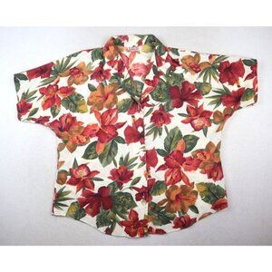 VINTAGE OVERSIZED RED FLORAL PRINT SHORT SLEEVE BUTTON-UP SHIRT - JUST 4 - XL